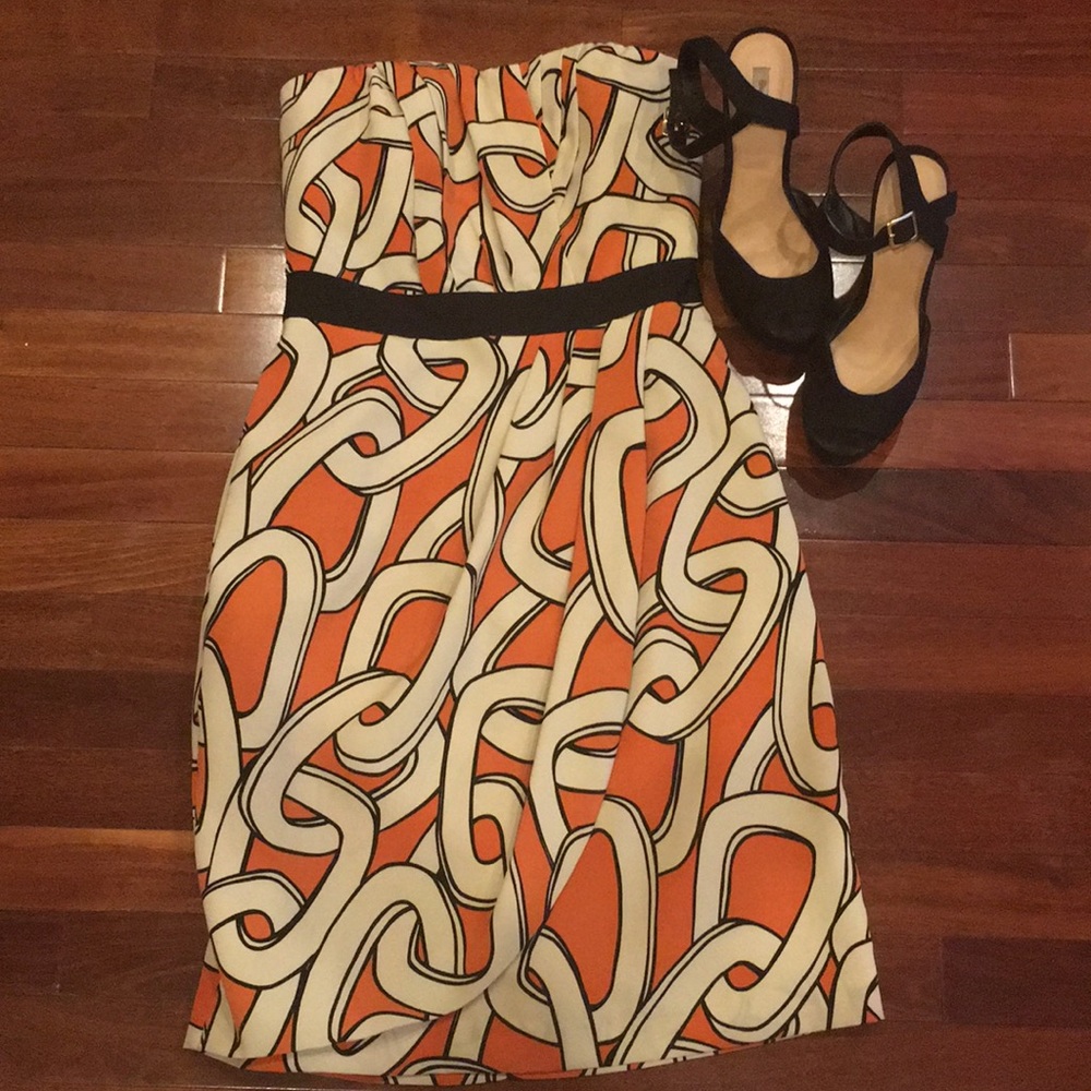 Orange/Cream Sheath Strapless Dress w/Black Trim